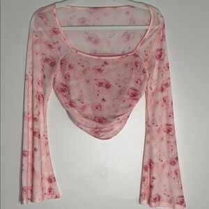 Floral Pink Mesh Top Flare Sleeve Squareneck ruched cropped drape waist openneck